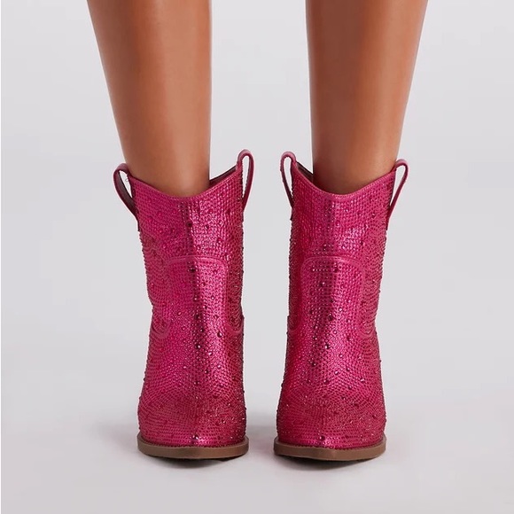 NEW Fuchsia Western Style Bedazzled Cowboy Ankle Boots - Picture 3 of 11